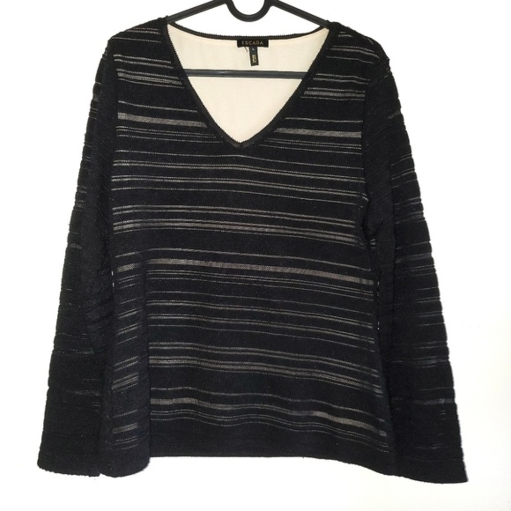 Escada 100% Silk Semi Sheer Knit Top Black Striped V Neck Long Sleeve Large